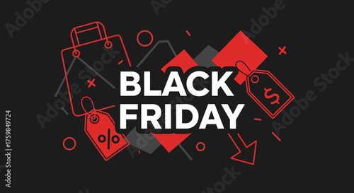Black Friday sale banner design Shopping promotion graphic with price tags and abstract geometry