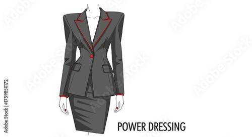 Power Dressing Minimalist Fashion Vector.Minimalist vector of businesswoman outfit with structured blazer and pencil skirt, modern corporate fashion trend with red accent.