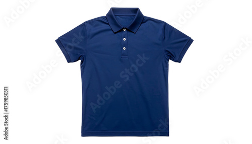 A plain, navy blue short-sleeved polo shirt with a collar and three buttons