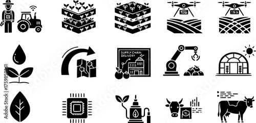 Ag-Tech & Food Production Black Silhouette Icon Set: Farmer, Vertical Farming, Crop Drone Monitoring, and Agricultural Supply Chain Vectors.