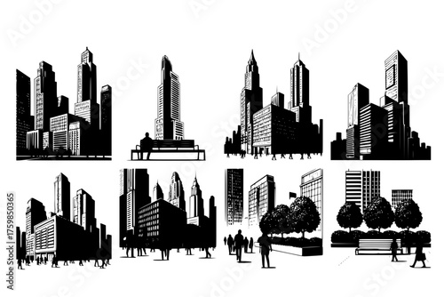 Urban City Life & Modern Architecture Black Silhouette Vector Set: Skyscrapers, Walking People, Park Foliage, and High-Density Cityscape Graphics.