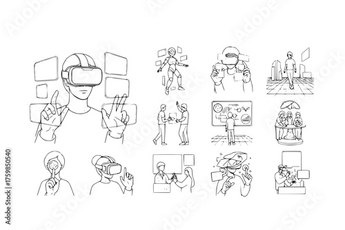Futuristic Metaverse & Virtual Reality Black Silhouette Line Art: VR Headset User, Floating Data Interaction, and 3D Avatar for Digital Worlds.