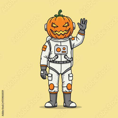 Astronaut with pumpkin head waving hand on yellow background.