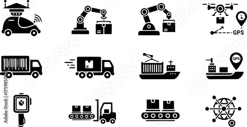 Logistics & Supply Chain Automation Black Silhouette Icon Set: Self-Driving Truck, Warehouse Robot, Drone Delivery, and Shipping Container Solid Vectors.