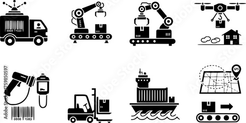 Logistics & Supply Chain Automation Black Silhouette Icon Set: Self-Driving Truck, Warehouse Robot, Drone Delivery, and Shipping Container Solid Vectors.