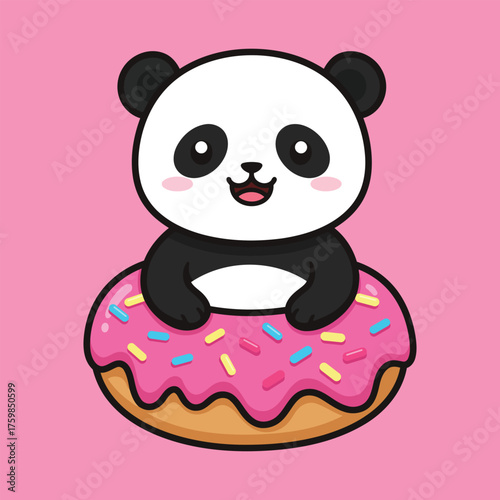 Cartoon panda sitting in a pink donut with colorful sprinkles.