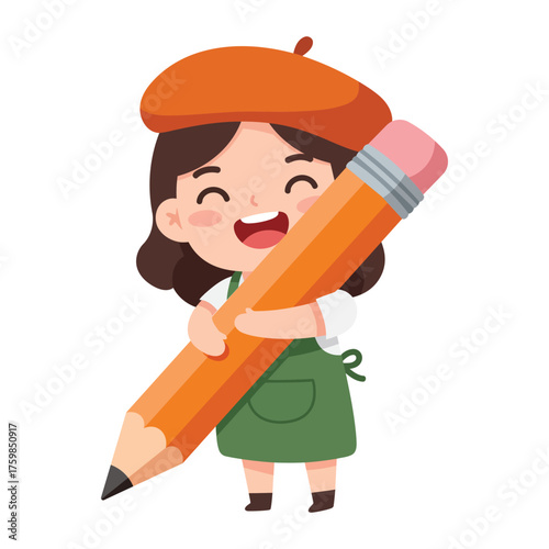 A cute cartoon girl wearing an orange beret and green apron, happily holding a giant orange pencil with a pink eraser.