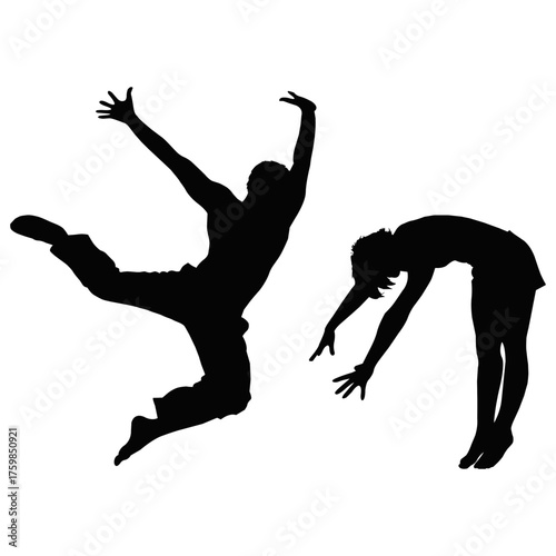 Silhouette of man and woman dancing on white background, energetic couple performing modern dance pose and joyful people motion outline vector illustration design