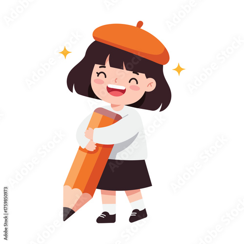 A cheerful girl wearing a beret, hugging a giant pencil, radiating happiness and creativity.
