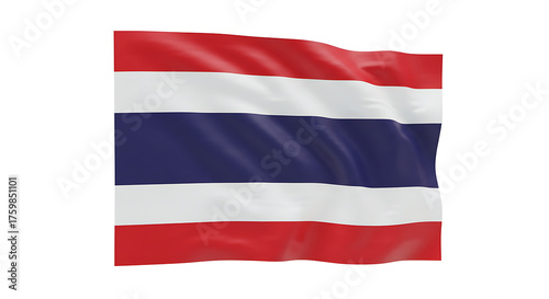 A waving flag of thailand with red white and blue stripes on a white isolated background in a studio shot