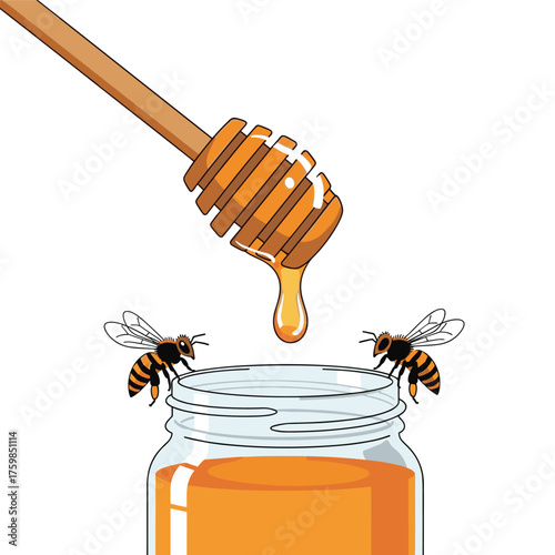 Two bees eagerly wait for a drop of sweet honey from a wooden dipper above a jar.