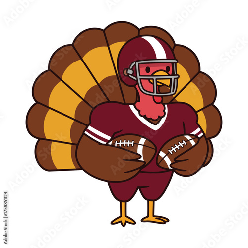 A cartoon turkey wearing a football helmet and uniform, holding two footballs.