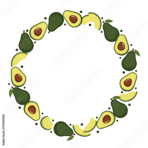 A circular arrangement of ripe avocados and slices creating a decorative border design.