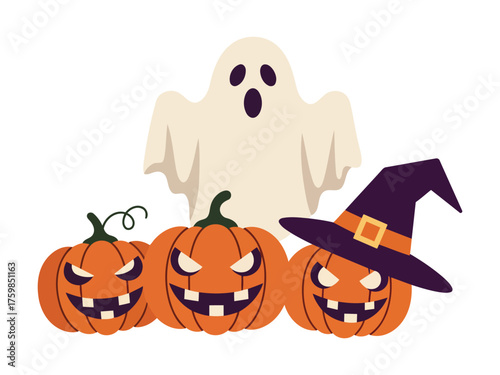 Halloween scene with pumpkins, ghost, and witch hat illustration.
