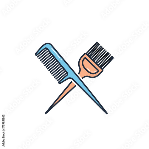 Styling tools including a comb and a coloring brush are crossed to represent hair care services and techniques.