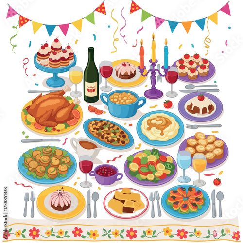 party, illustration, food, delicious, restaurant, vector, buffet, flat, tasty, catering, service, background, dish, cafe, dinner, menu, cartoon, table, cooking, eat, character, isolated, interview, ev