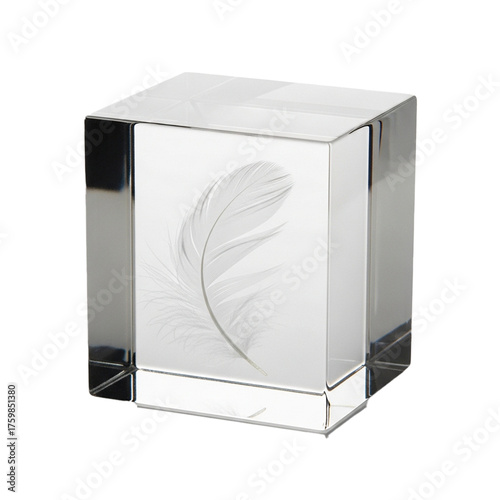 glass cube containing floating feather isolated on white background
