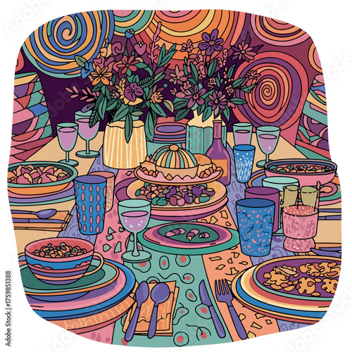 party, illustration, food, delicious, restaurant, vector, buffet, flat, tasty, catering, service, background, dish, cafe, dinner, menu, cartoon, table, cooking, eat, character, isolated, interview, ev