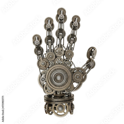 mechanical hand made of gears isolated on white background
