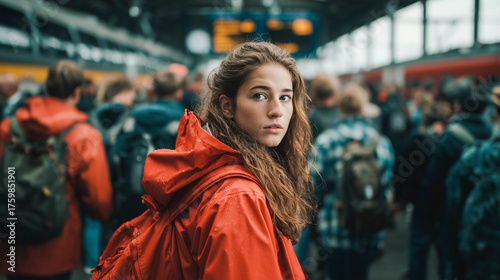 Young woman, teen or student in a red raincoat at a train station, looking back over her shoulder, amidst a bustling crowd on an overcast day