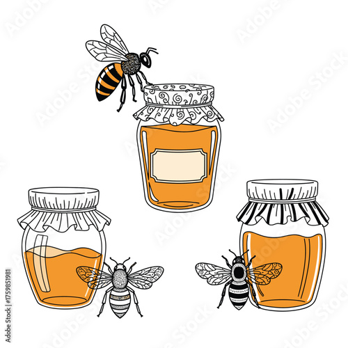 Three jars of honey with bees flying around them.