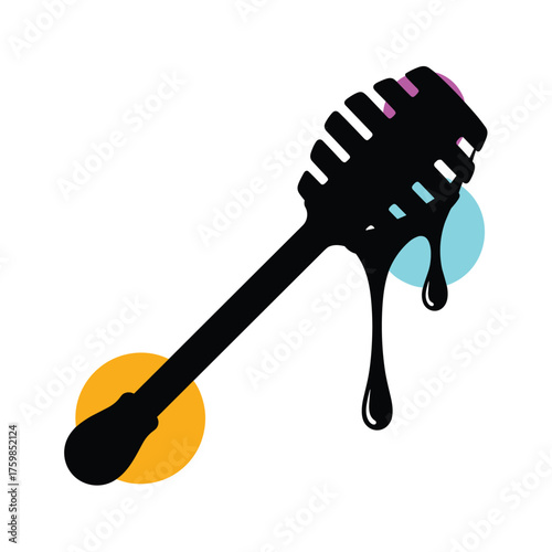 A close up of a honey dipper with dripping honey and colorful circles. .