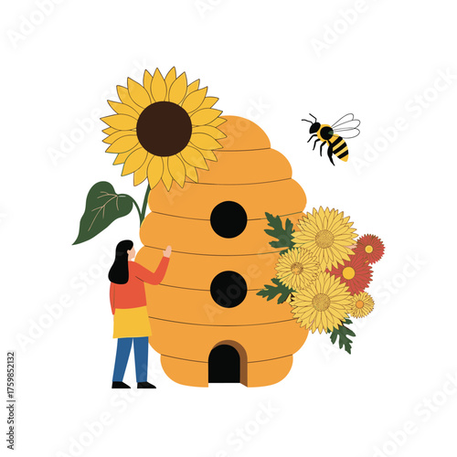 A tiny person tends to a large beehive surrounded by vibrant sunflowers and chrysanthemums with a bee flying nearby.