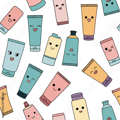 A charming collection of colorful skincare tubes with happy faces smiling.