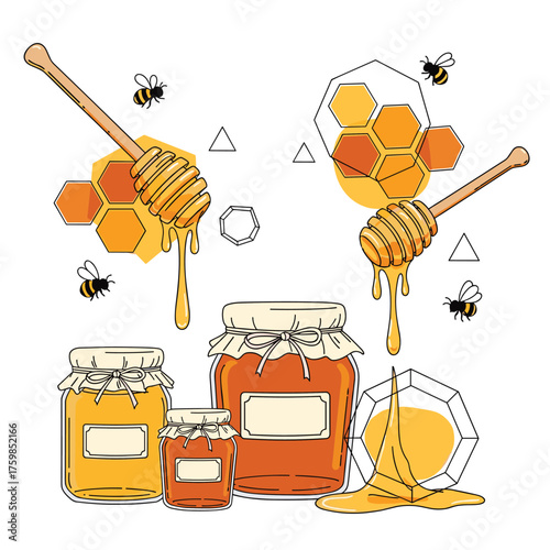 Sweet golden honey in jars with dippers and bees buzzing around