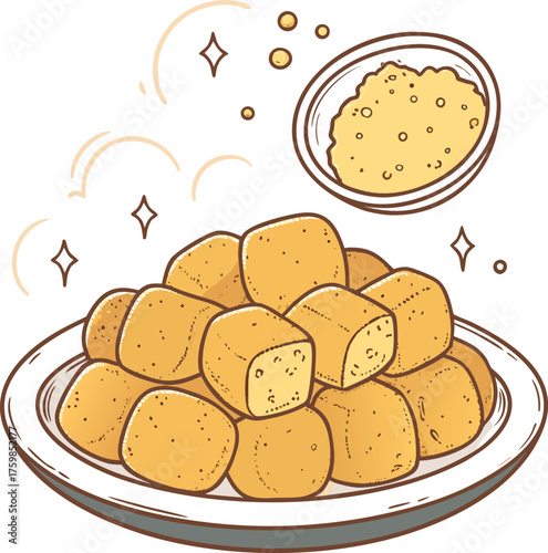 A delightful illustration of golden fried tofu cubes served with sauce