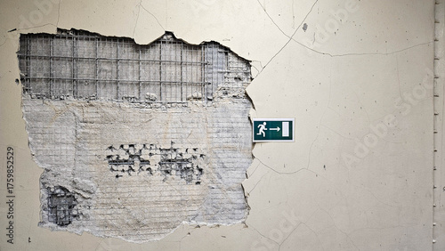 Foto Cracked wall with exposed reinforcement mesh and a green emergency exit sign ind