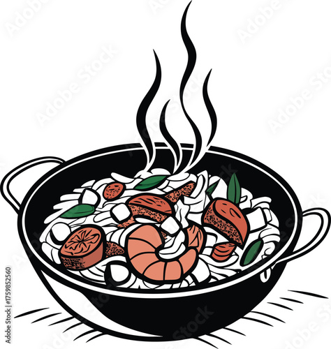 A steaming pan of paella with shrimp sausage and vegetables