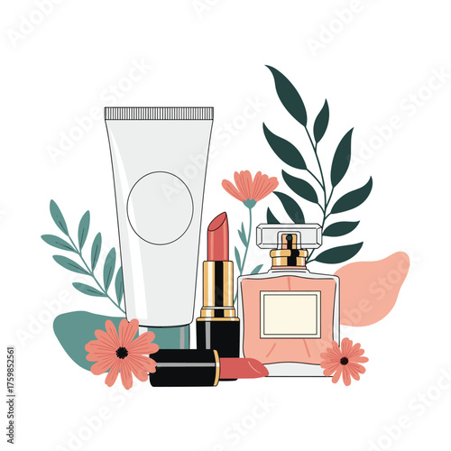 Discover a selection of makeup essentials including lipstick and perfume surrounded by floral elements.
