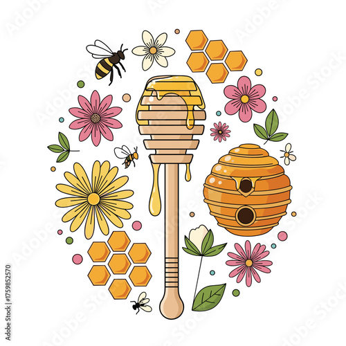 A delightful collection of honeybees flowers and honeycombs.