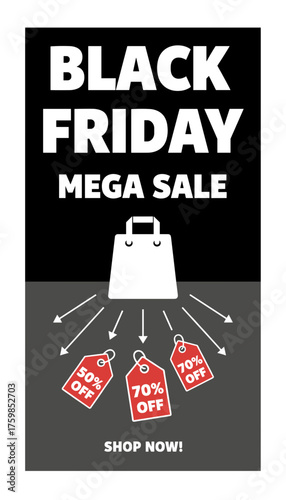 Black Friday Mega Sale with shopping bag and discount tags Perfect for retail promotions