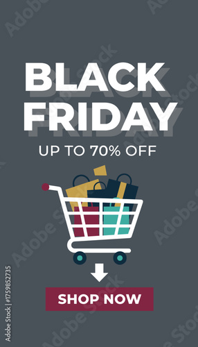 Black Friday sale graphic with shopping cart bags and discount Ideal for retail promotions
