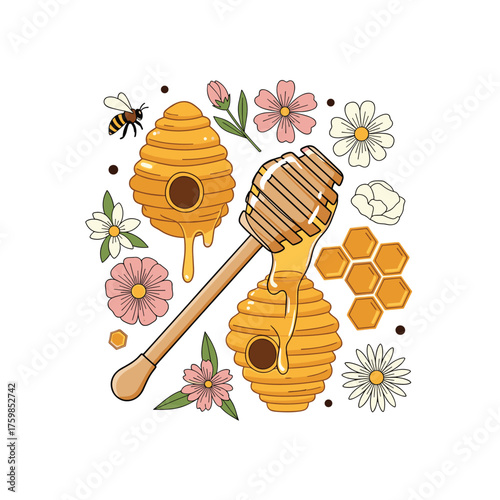 A delightful collection of sweet honeycombs buzzing bees and beautiful blooming flowers.