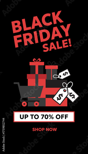Black Friday Sale graphic with shopping cart gifts and price tags Up to 70 off