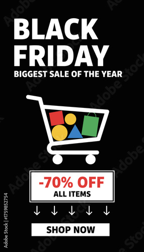 Black Friday sale graphic shopping cart with products 70 off all items Shop now
