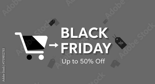 Black Friday sale banner with shopping cart and discount tags up to 50 off