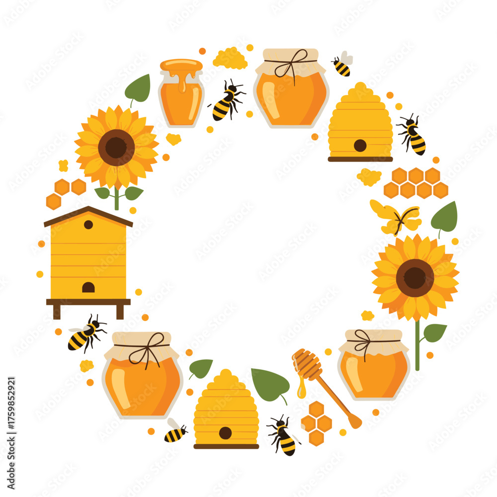 Fototapeta premium A sweet circular arrangement of bees honey sunflowers and beehives.