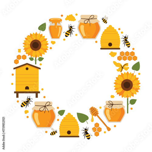A sweet circular arrangement of bees honey sunflowers and beehives.