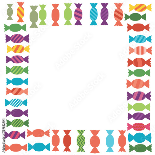 A colorful frame made of wrapped candies in a playful pattern on a white background.