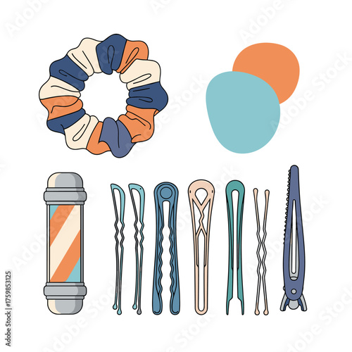 A collection of various hair accessories including bobby pins clips and a scrunchie.