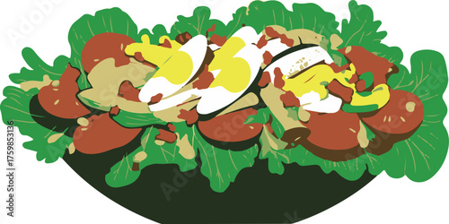 A vibrant illustration of a salad with tomatoes eggs and lettuce
