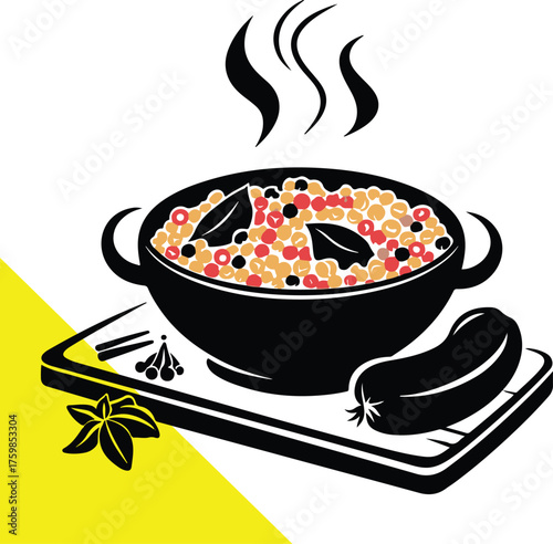 A steaming pot of flavorful stew with vegetables and spices displayed