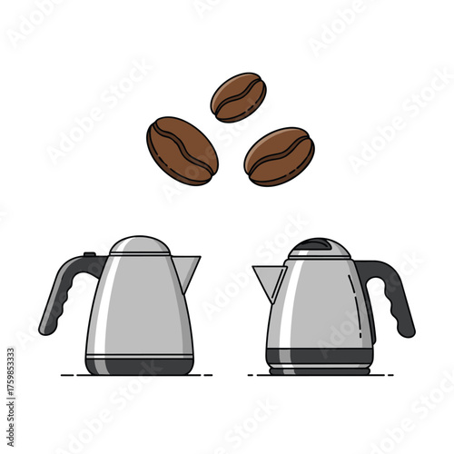 Two electric kettles and coffee beans illustrated on a white background.