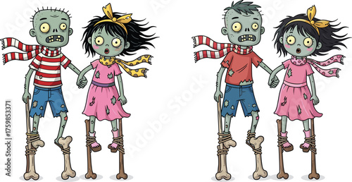Cartoon zombie children, bone stilts walking, spooky hand-holding scene, Halloween undead kids, playful horror illustration, eerie festive concept, creepy fun moment