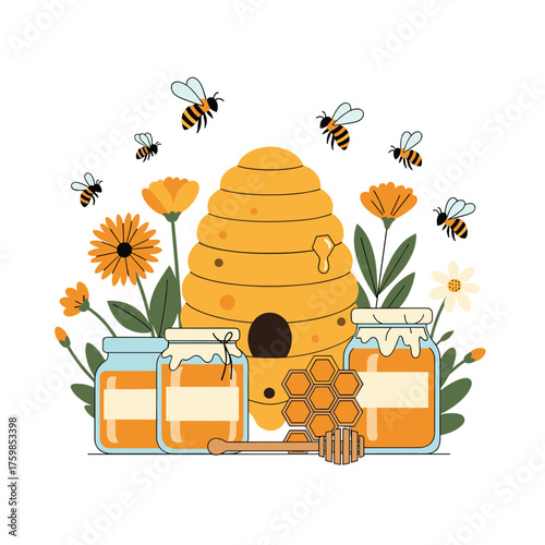 A sweet collection of nature's golden nectar with buzzing bees and blooming flowers.