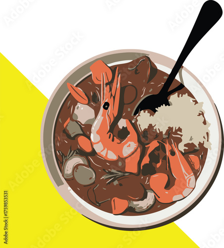 A vibrant bowl of gumbo with shrimp rice and savory broth